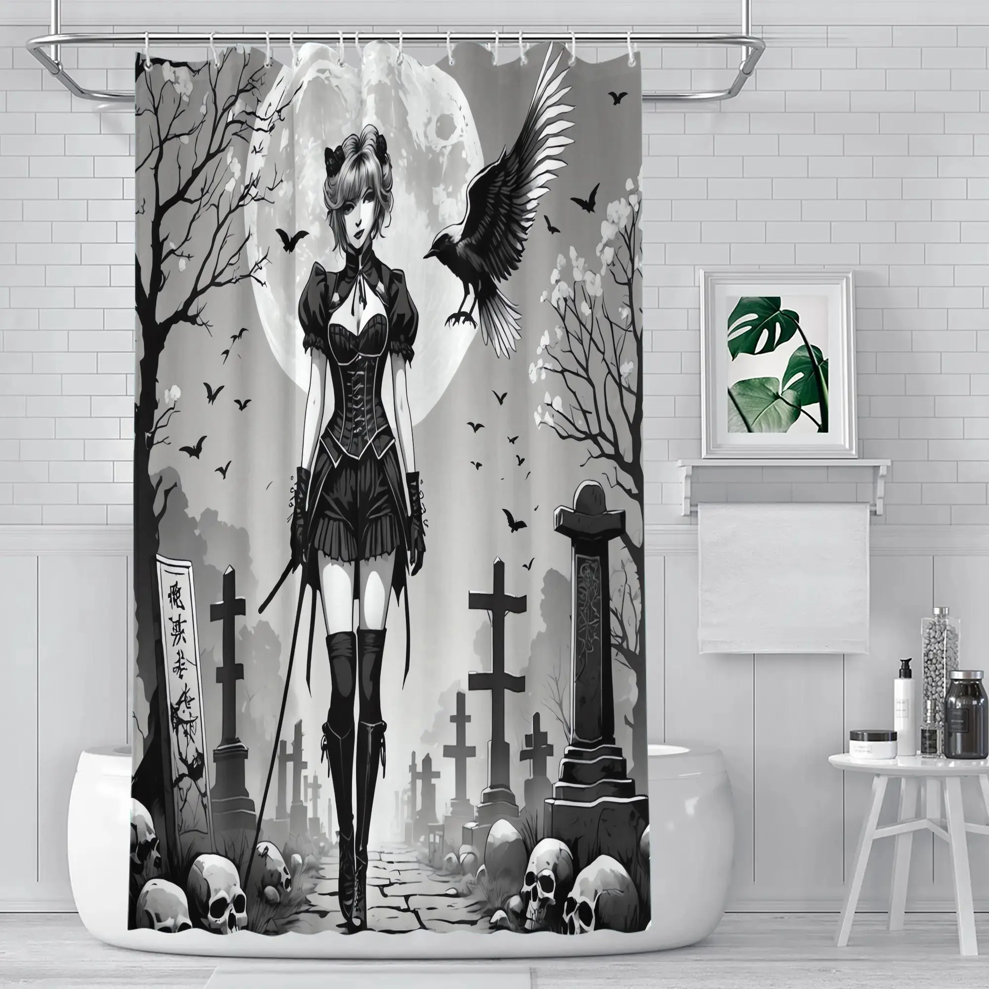 Gothic Skull Vampire Art Shower Curtain Waterproof Bathroom Decor Liner Dark Moon Halloween Horror Style 90x180cm