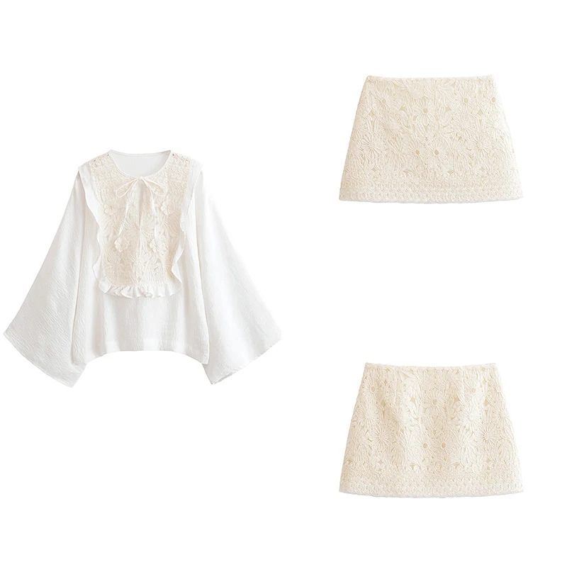 Z 2025 Sommer Neue Damen Faion Set Lösliche Spitze IRT Und Ort Rock Polyester Faser Lange Sve Runde Ne Overhead