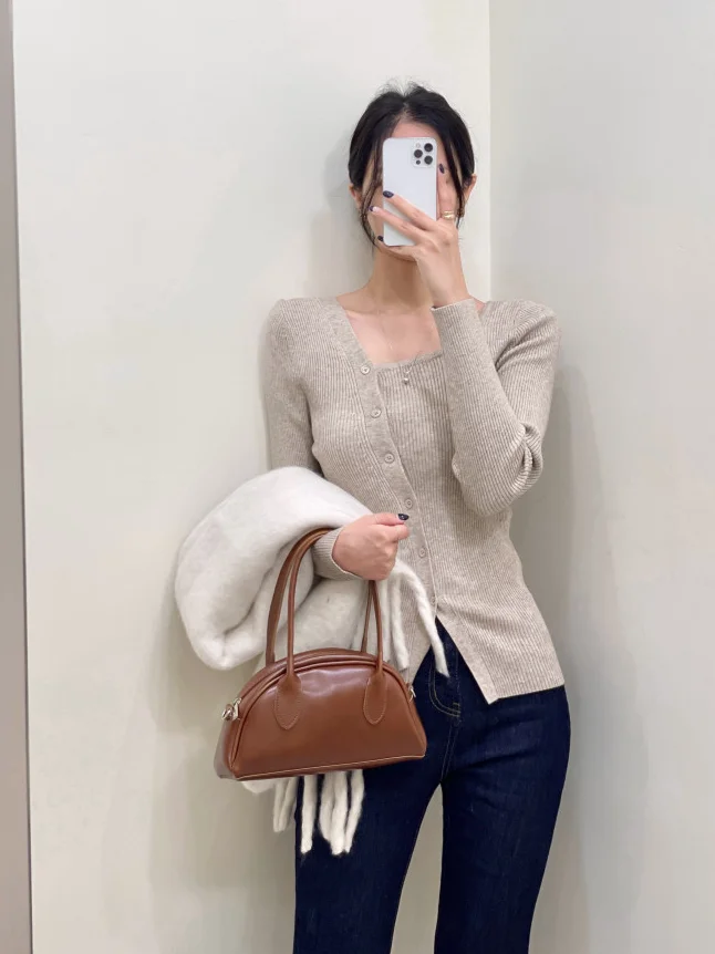 Faionable Lungo Sve Top lavorato a maglia Strato base da donna irt oulder Bared Design Chic Sle Autunno Nuovo arrivo Effetto dimagrante