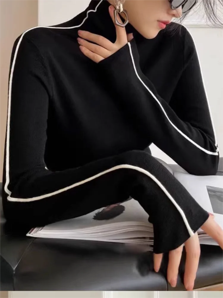 Fashion High Neck T-shirt Women Autumn Winter Trendy Color Blocking Slim Fit Tops Female Base Simplicity Long Sleeved Tops