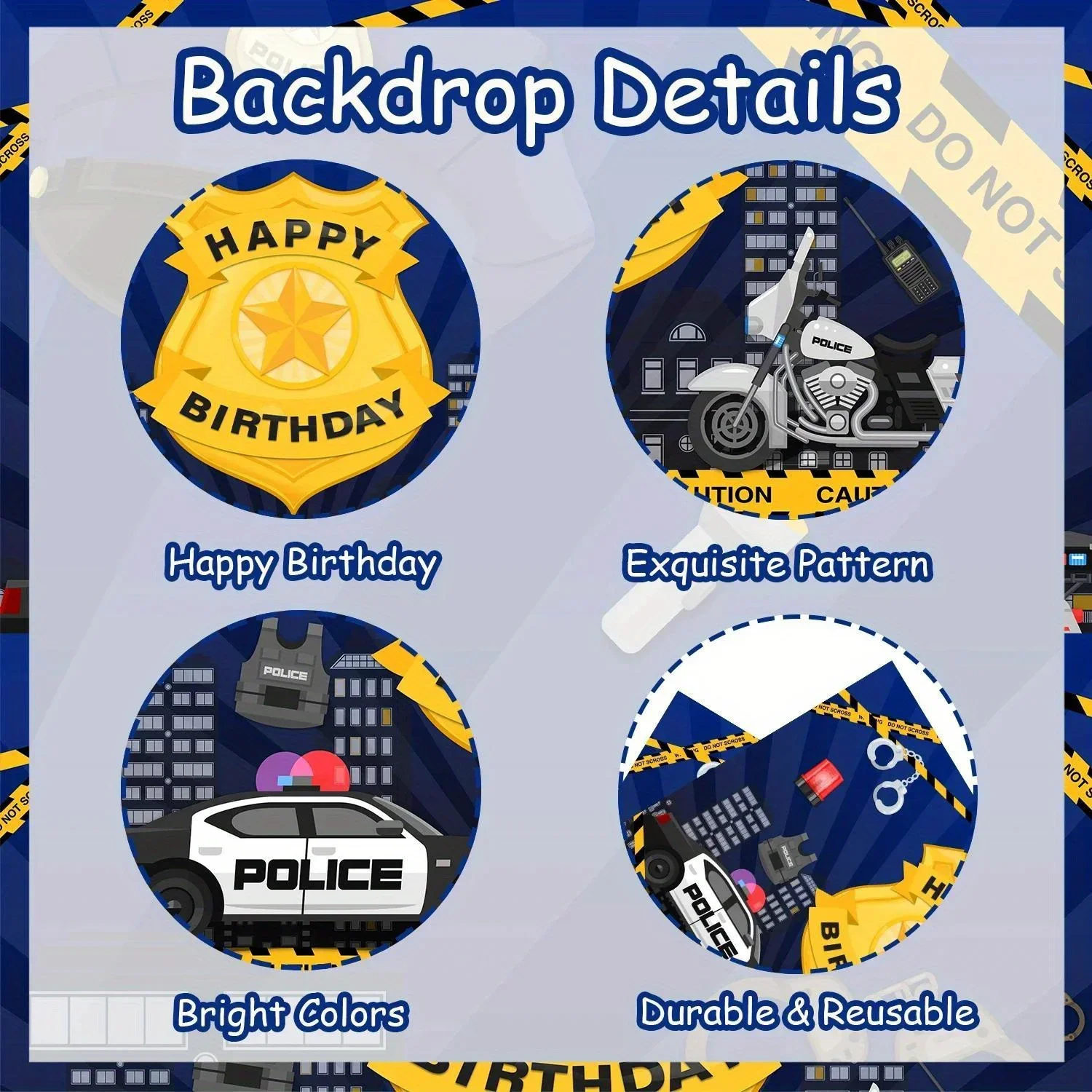 Police theme birthday party background props, black, blue, yellow, police car banner, background cloth