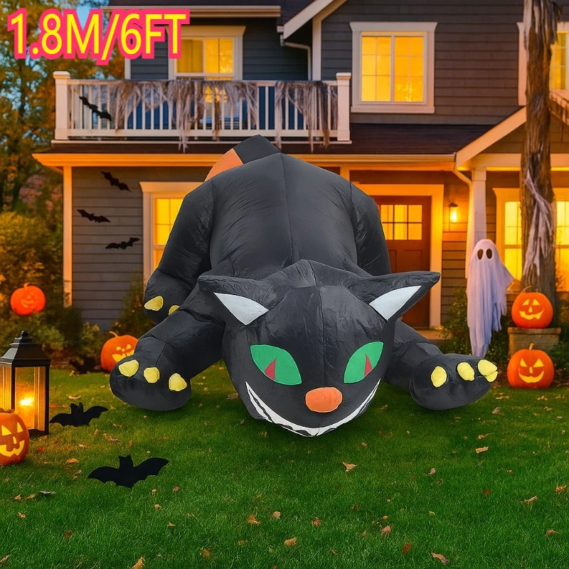 Jouets gonflables d'halloween de 6 pieds, modèle de chat secouant la tête, yeux verts intégrés, lumière rouge LED, décoration de jardin gonflable pour fête en plein air