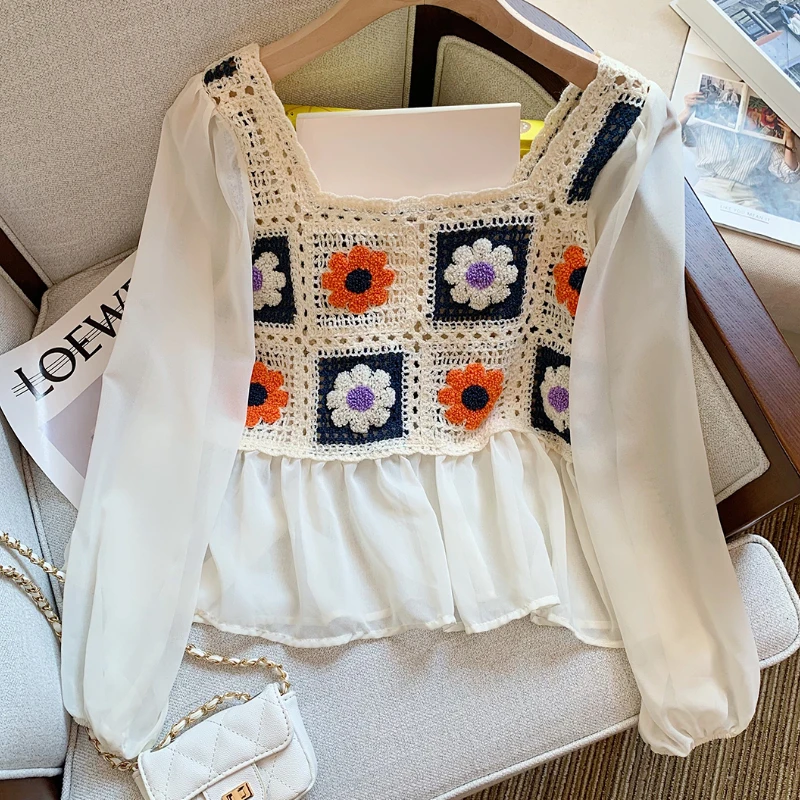 Ladies Floral Hollow Out Knitted Blouse Women Spring Summer Fashion Cute The Basics Lace Split Tops Female Girls Sexy Pullover