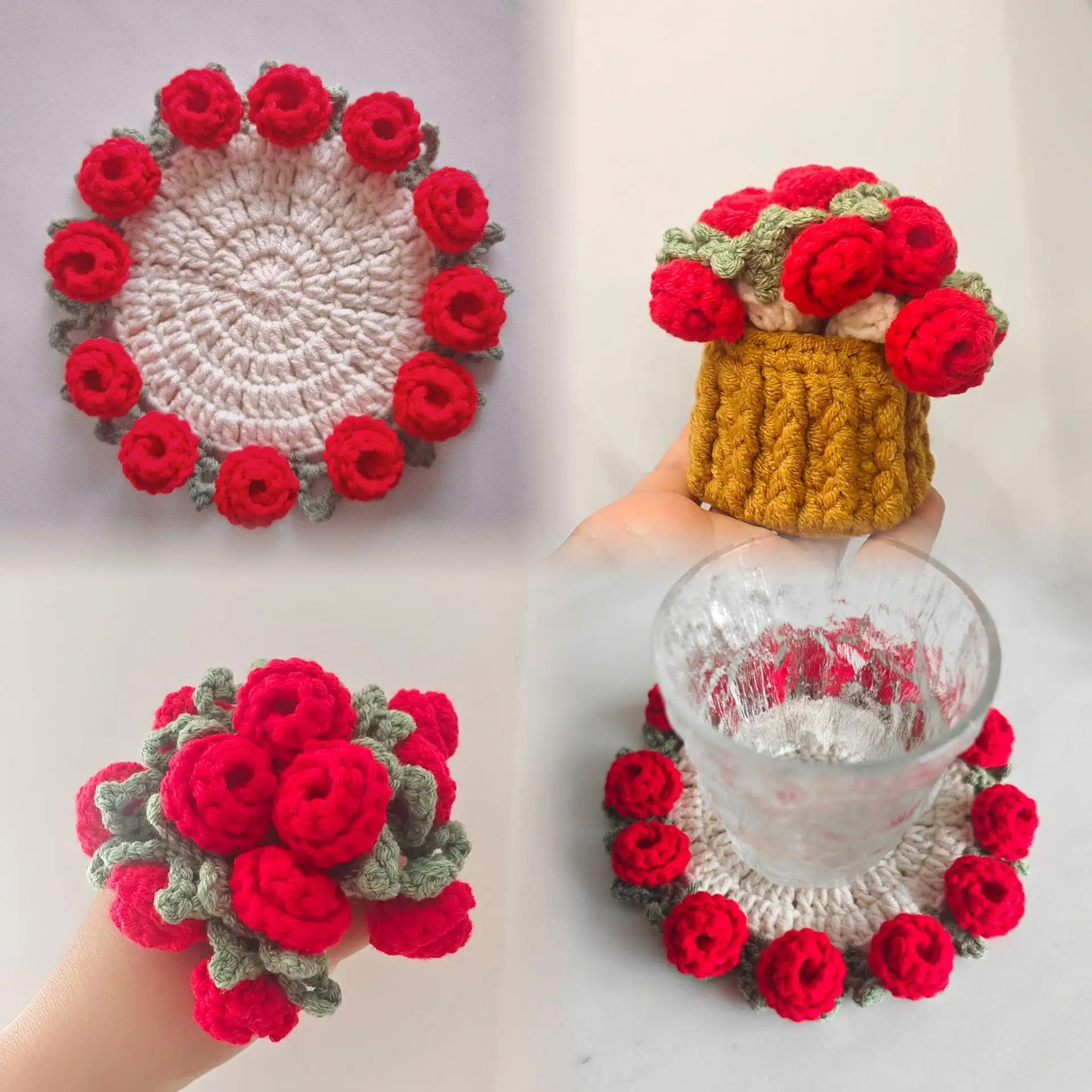 Posavasos de ganchillo, posavasos de flores rosas, mantel individual de flores de ganchillo, ramo de rosas, almohadilla para taza de café, tapete para taza, regalo para el día de la madre