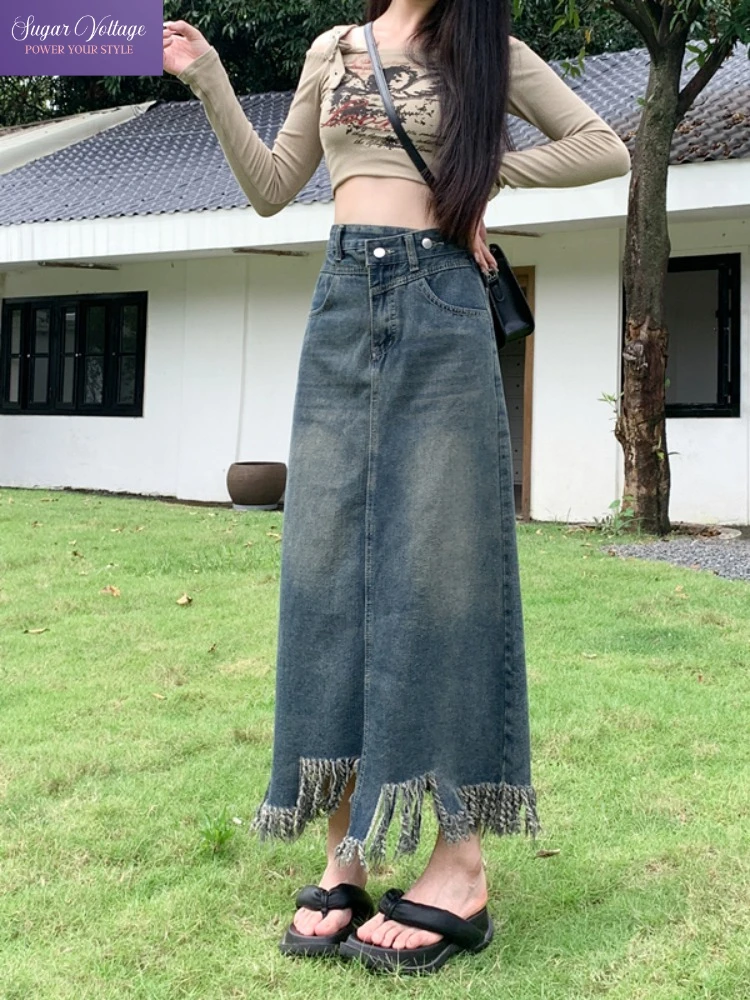

Y2K Retro Plus Size High Waist Denim Skirt Women Vintage Split A-Line Streetwear Sexy Washed Blue Mini Skirt for Baddie Look