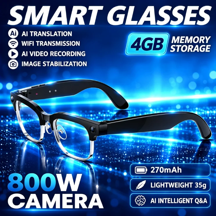 4K UHD Metal Half Frame Glasses 8MP HD Camera 4GB Memory Wi-Fi Image Transfer AI Real-Time Translation Waterproof Smart Glasses