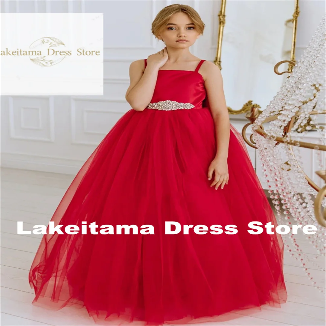 Customization Flower Girl Dresses Red Tulle Diamond Belt With Bow Sleeveless For Wedding Birthday Party First Communion Gowns