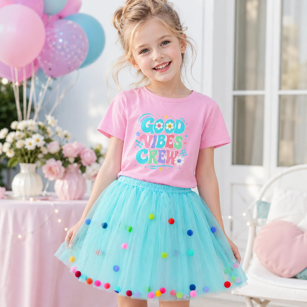 Summer Toddler Girl 2Pcs Outfit Good Vibes Crew Print Short Sleeve Cotton T-shirt Colorful Pom Pom Tulle Tutu Skirt Kids Birthda