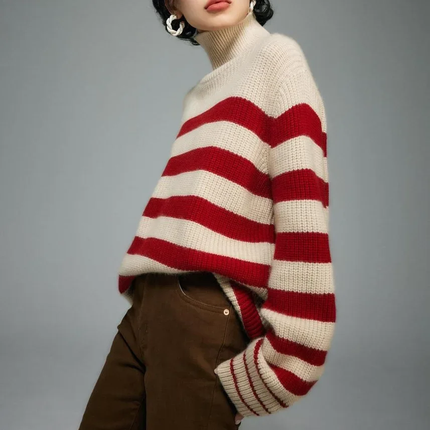 Korean Lazy Wind Fashion Striped Knit Turtleneck Sweater, Loose Spell Color Pullover Knit Sweater for Women's Autumn and Winter