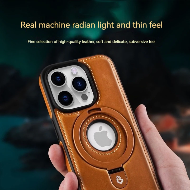 Luxury Magnetic Bracket PU Leather Phone Case,For iPhone Series 16 15 14 13 Pro Max Magsafe Wireless Charging Hollow Logo Cover image 4