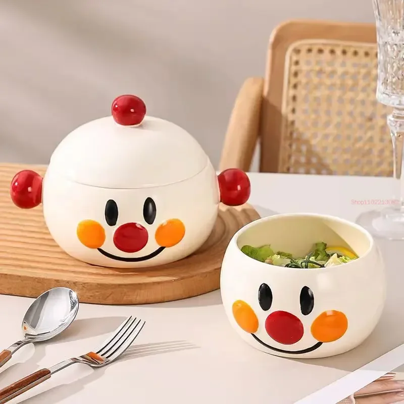 Japanese Cartoon Bread Ceramic Tableware Cute Smiling Face Plate Saucer Set Binaural Instant Noodle Bowl Plate Teapot Teacup Set