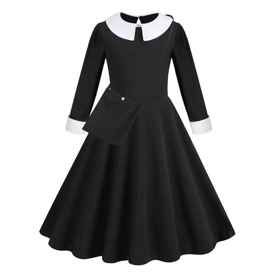 W-Wednesday Addams Costume Girl Dress for Girls Black Dress Dark Theme Halloween Girl Costume Birthday Party Girls Dresses