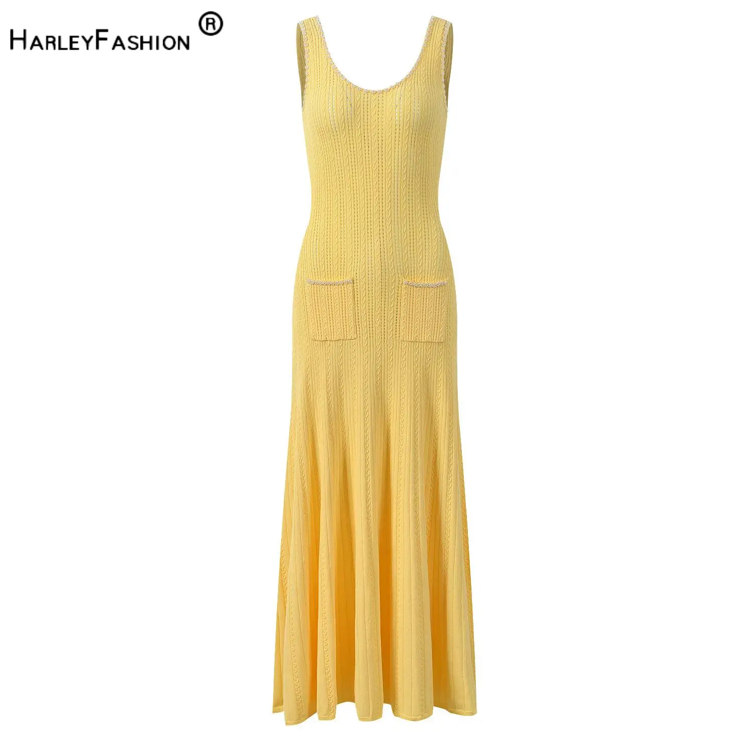 

Lady 2026 Summer Elegant French Style Solid Wear Fine Workmanship Beading O-neck Sleeveless Slim Knits Long Dress Women