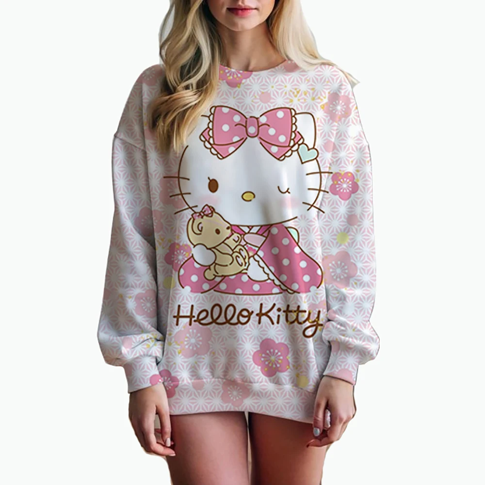 Women\'s Hello Kitty Printed Sweatshirt, High Street Women\'s Hoodie, Y2K Pattern Clothing, Casual Round Neck Sweater