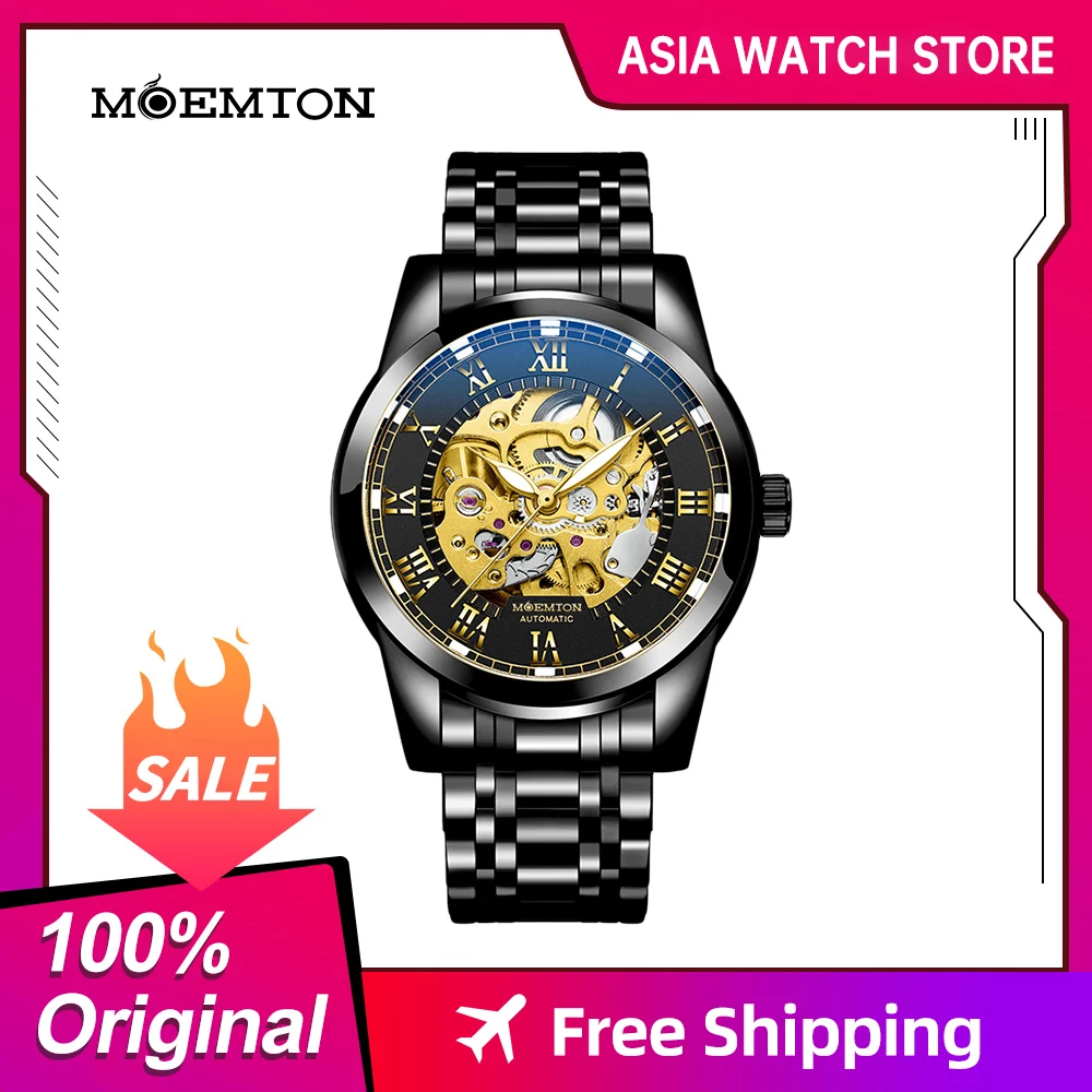 MOEMTON Men\'s mechanical watch steel band 3bar waterproof luxury fashion watch hollow dial