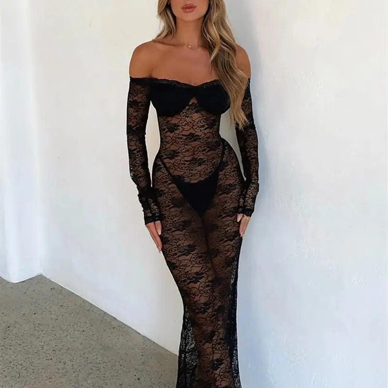 

LangMao Perspective Lace Elegant Maxi Long Dress Women Off Shoulder 2024 Dress Backless Party Dresses -------- Casual