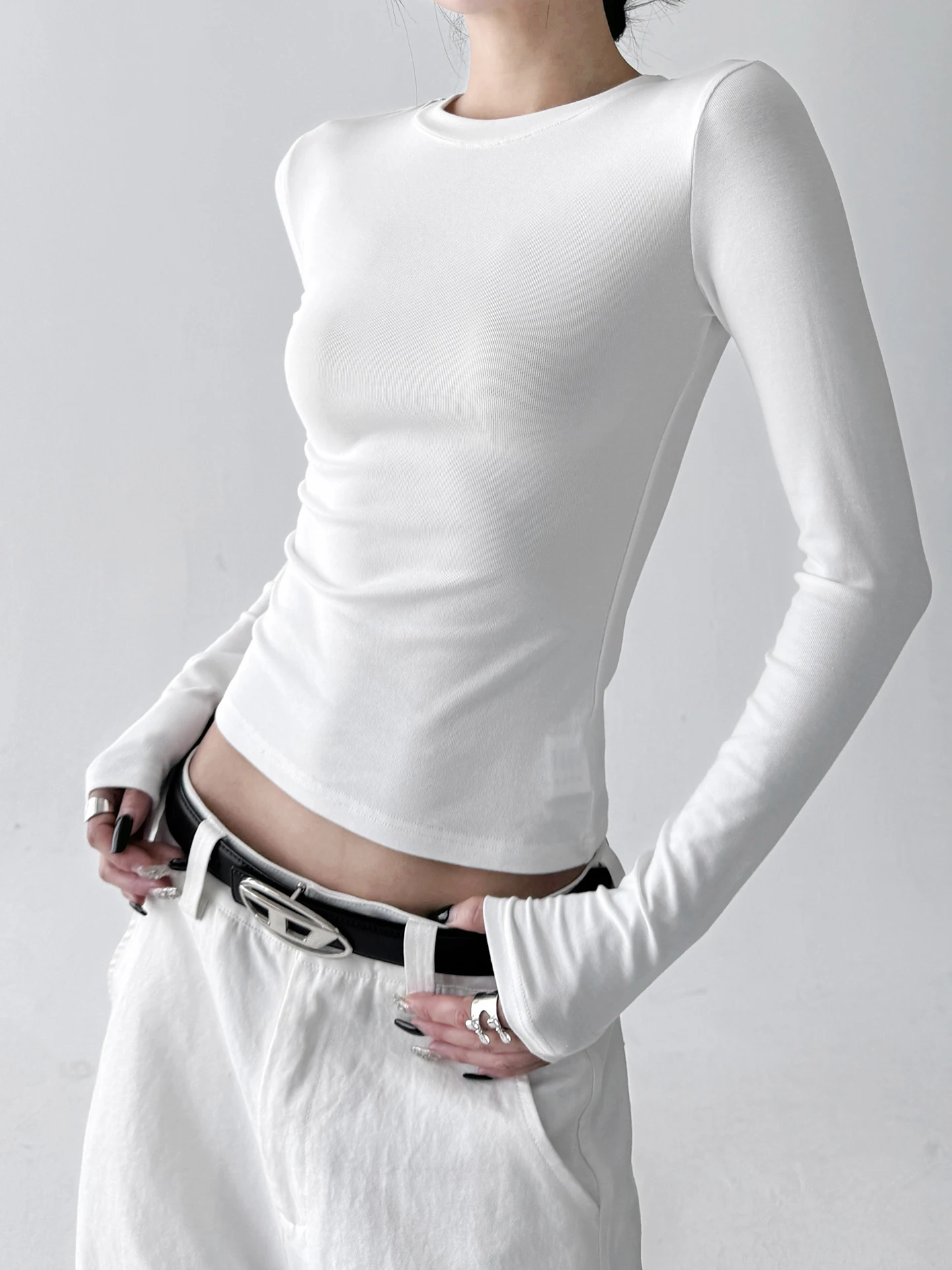 T-shirt casual bianca lunga Sve slim fit da donna Crew Ne Base irt Primavera Autunno Confortevole versatile Boting dimagrante...