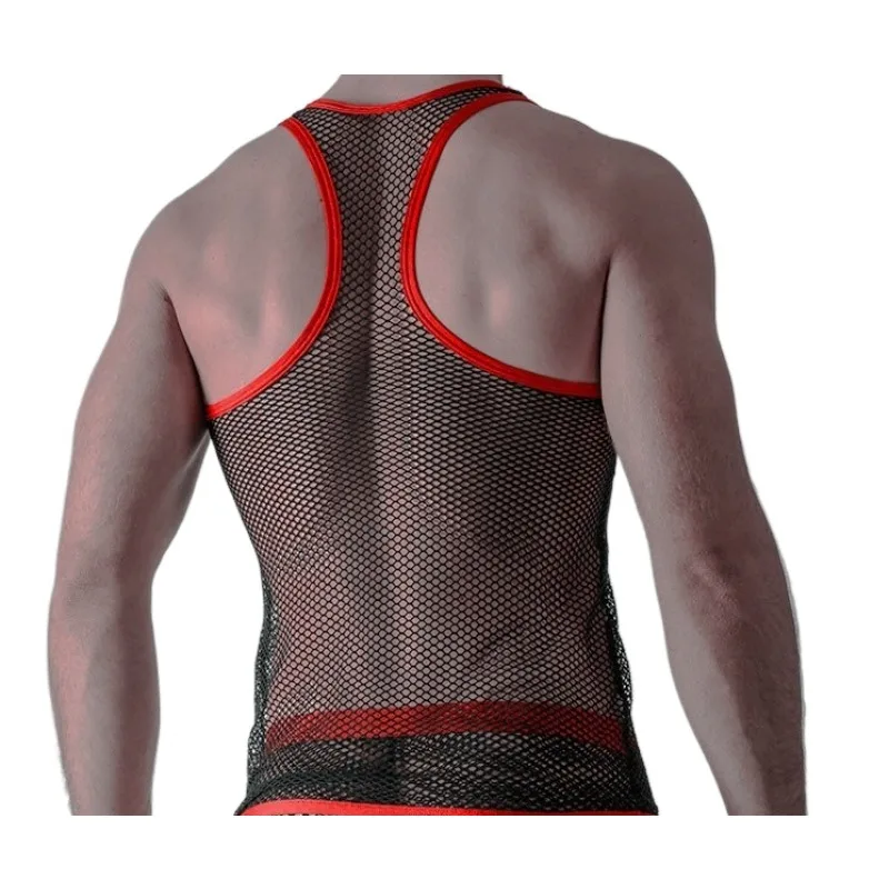 Mens Sexy Tank Top Transparent Mesh Undershirt Fishnet Vest String Sleeveless Shirts Male See Through Night Clubwear Slim Sport