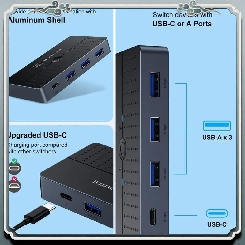 Premium USB3.0 Computers Sharing Switch Box 2 In 4 Out KVM 2X4 USB 3.0 Switcher Selector For Keyboard Mouse Printer Monitor PC