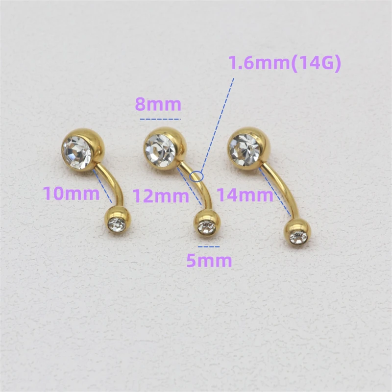 60pcs Double Clear Gem Curved Belly Bar Navel Ring Fashion Body Piercing Jewelry 10mm 12mm 14mm Women Jewelry Surgical Steel