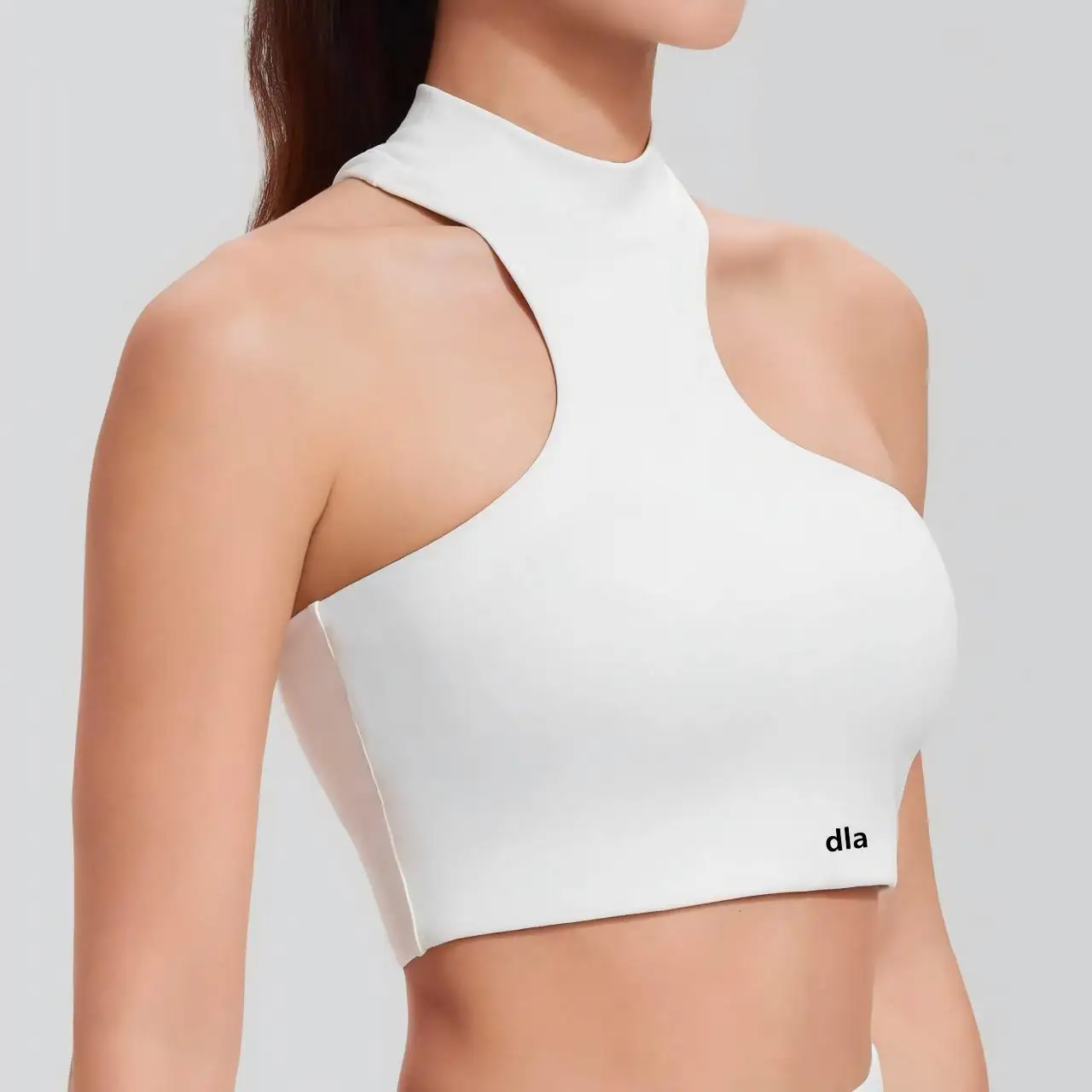 Neck-hanging fitness yoga bra with irregular back design, suitable for wearing under clothing or as a sexy base layer with paddi