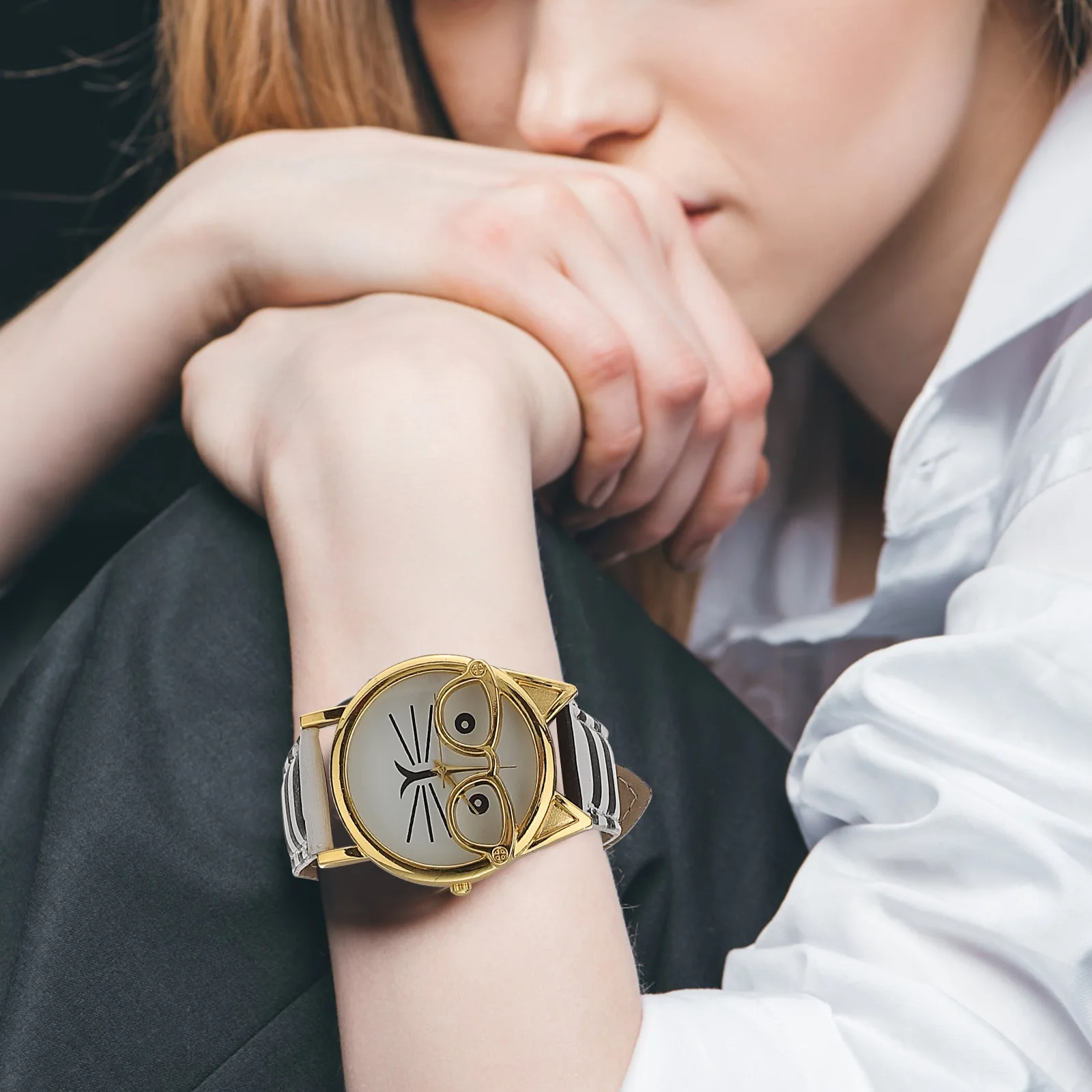 

Fashionable Cartoon Cat Leopard Print Wristwatch For Girls Kids Pu Strap Quartz Watches Scratch Resistant Lens Solid