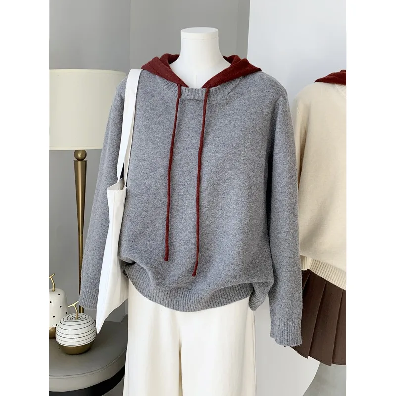 

Korean Simple Versatile Commuter Long-sleeved Sweater for Women with Contrasting Color Hooded Drawstring Pullover Sweater Top