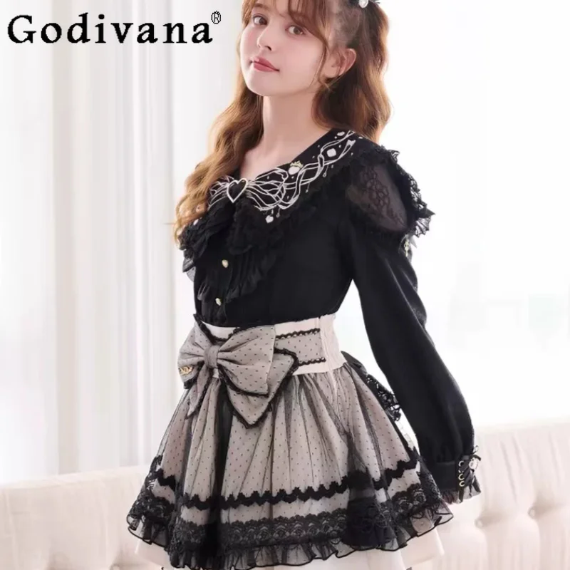 

Japanese Sweet Girl Cute Versatile Embroidered Turn-down Collar Shirt Fashion Versatile Age-reducing Long Sleeve Princess Shirts