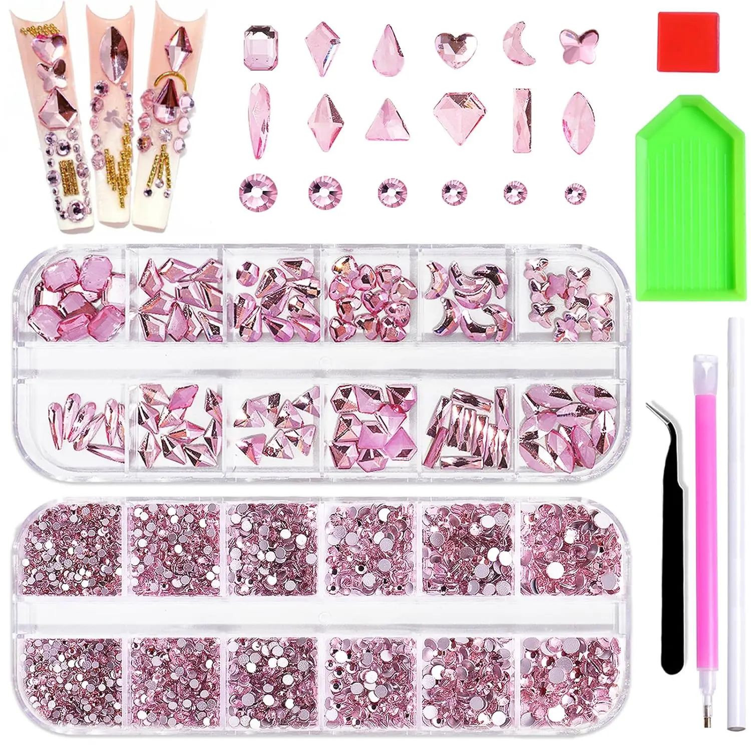 

1620 Pcs Pink Glass Nail Rhinestones Kit with Tweezer, Storage Box & Picker Pencil for DIY Manicure