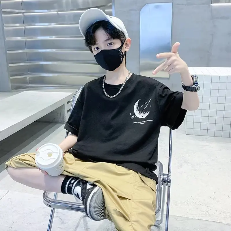 Boys Short-sleeved T-shirt Summer Children's Summer Dress Half-sleeved Black Top New Middle And Big Children's Trendy T-shirt image 5