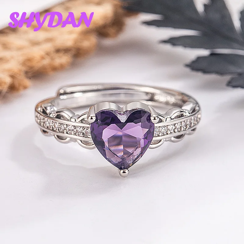 SHYDAN 925 Sterling Silver Hot Selling Gift Diamond Purple Heart shaped Gemstone Adjustable Ring For Girl Women Fashion Jewelry