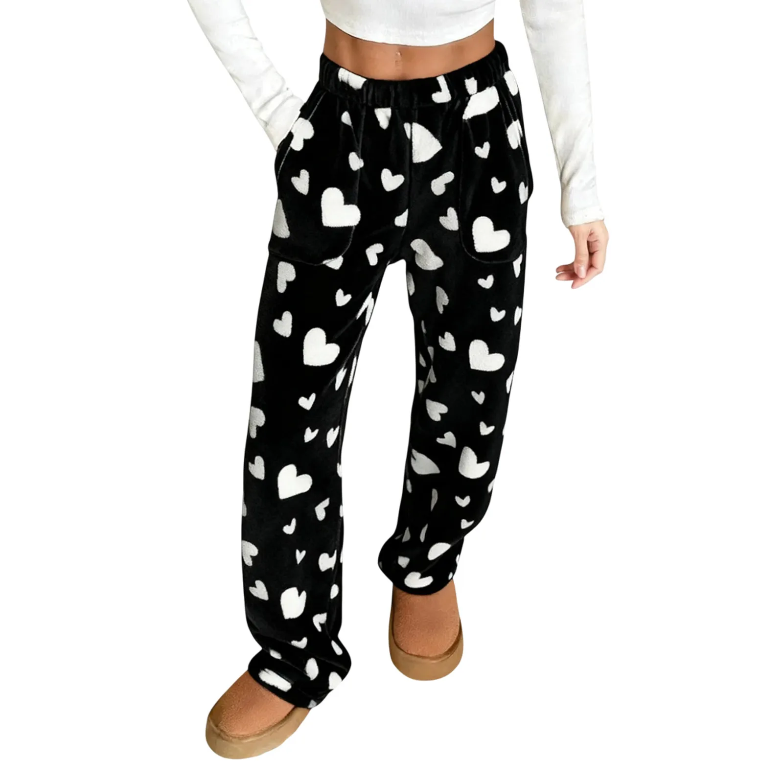 

Women'S Pajama Pants Heart Pattern Loungewear With 2 Pockets Sleep Bottoms Autumn And Winter Trousers Warm Fleece Pants Casual
