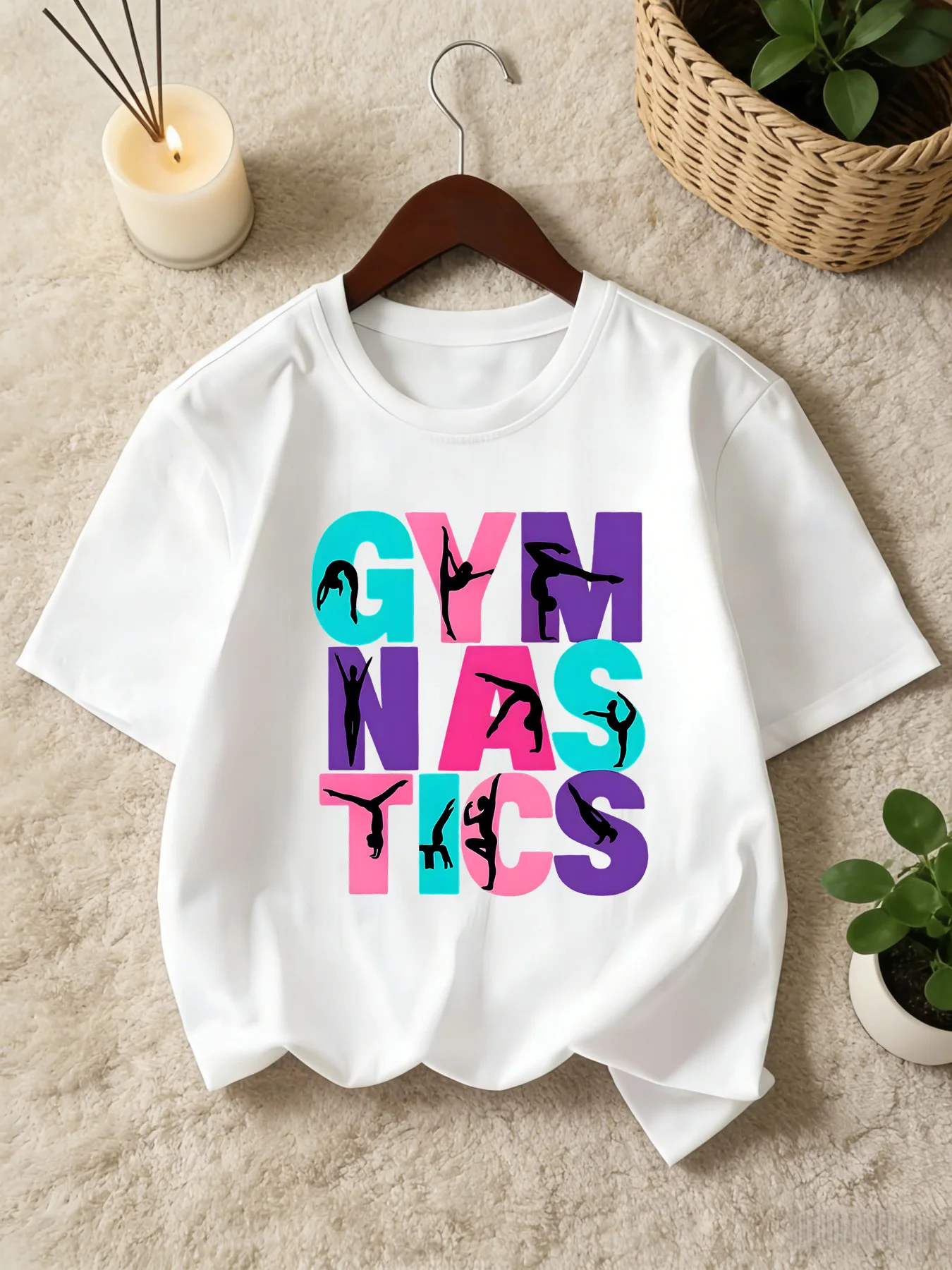 Gymnastics Letter Silhouette Print T Shirt Boys Girls Matching Tee Soft Cotton Short Sleeve Children Sports Daily Casual Wear