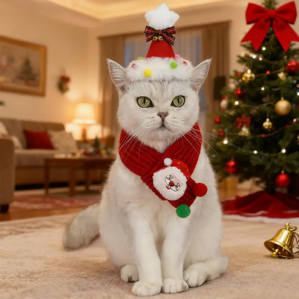 Holiday Themed Pet Accessory Festive Christmas Pet Scarf Set with Knitted Cat Scarf Pompom Accents Xmas Tree/santa for Holiday