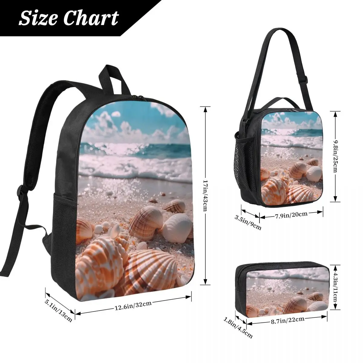 Shell With Beach Blue Printed Backpack Student BookBag School Bag Laptop Shoulder Bags 3ps Insulated Lunch Bag Pencil Case