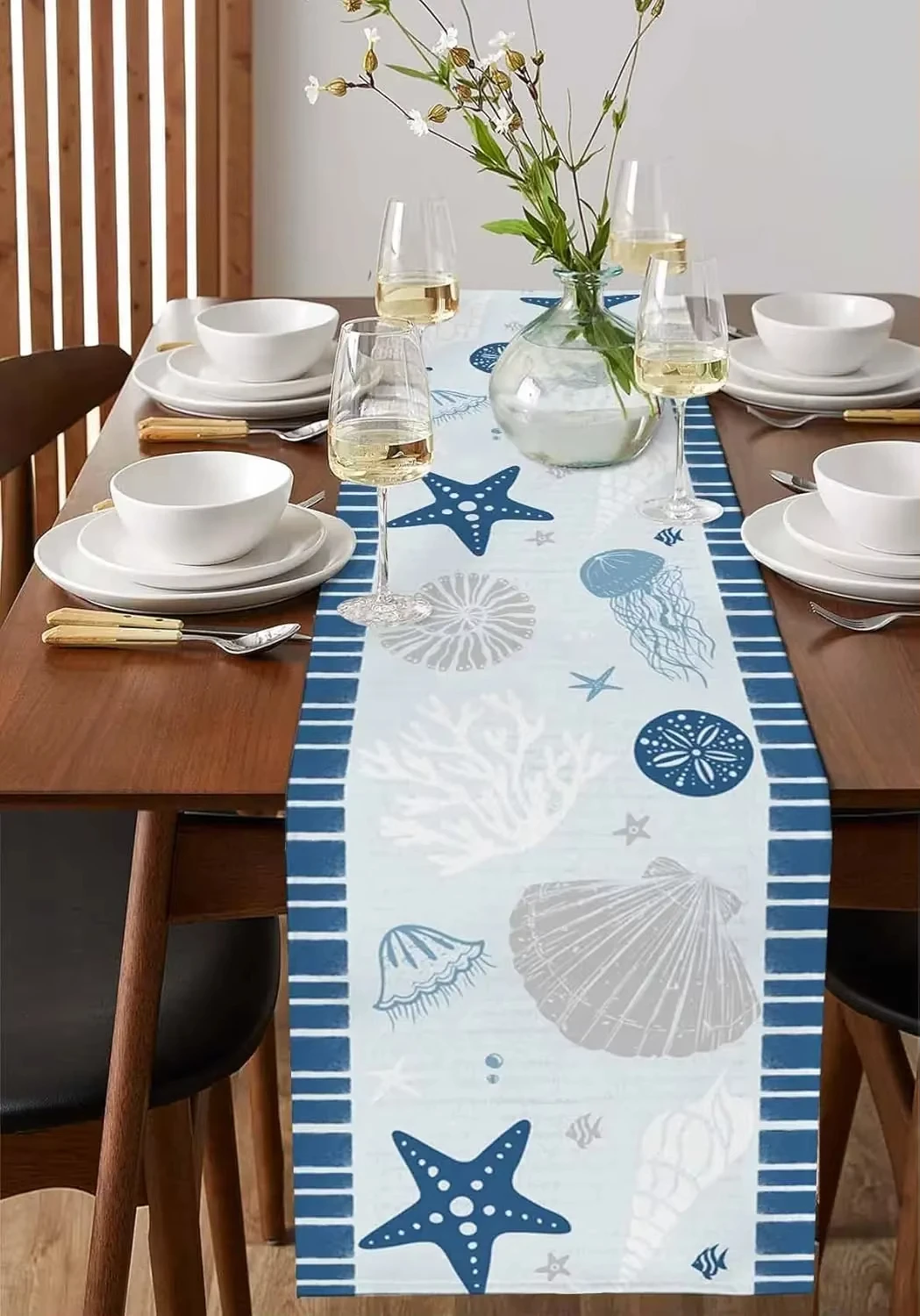 مفرش طاولة بلو أوشن مع مرجان قنديل البحر على شكل صدف نجم البحر، ديكور حفلات العطلات لطاولة طعام المطبخ #2