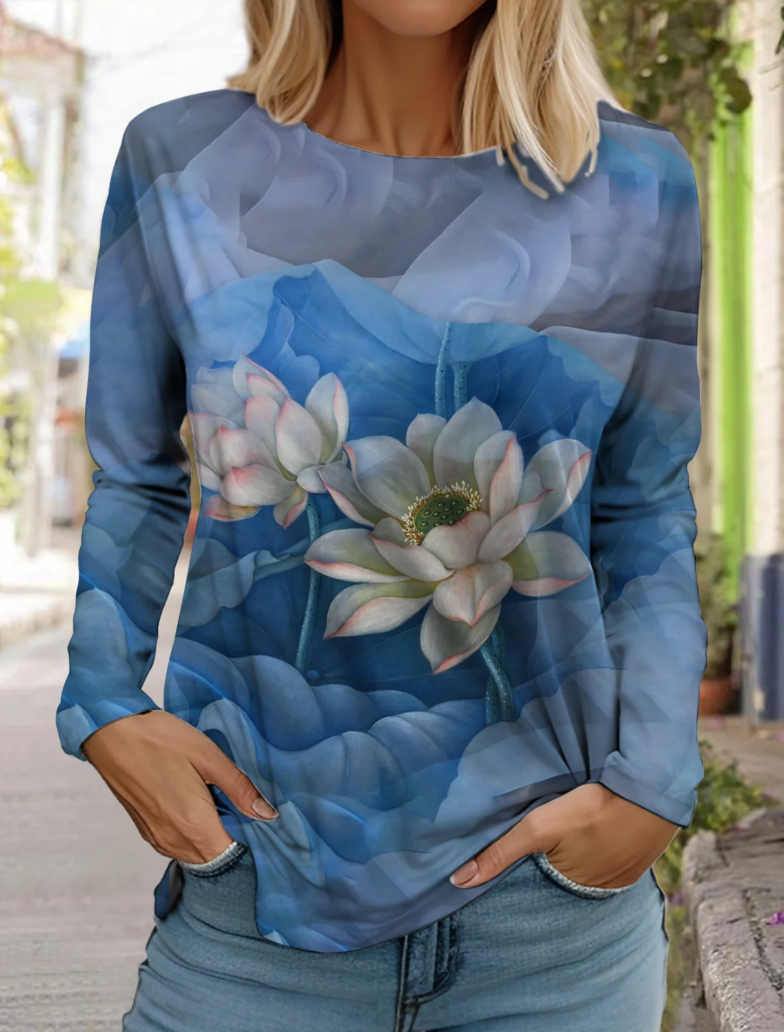 2024 women\'s fashion retro tops long sleeve round neck pullover casual long sleeve t-shirt new 3d printed lotus print t-shirt