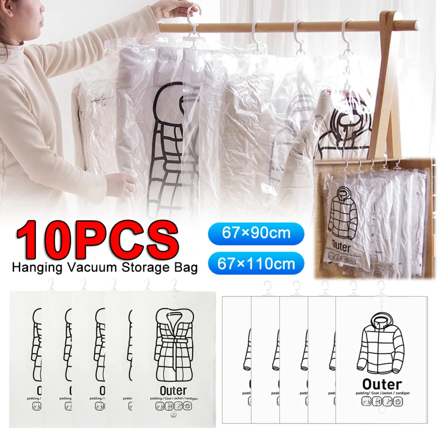 Ultra-Thin Hanging Vacuum Storage Bags for Space Saving - Transparent Compression Bags for Clothes, Overcoats, Down Jackets - Re