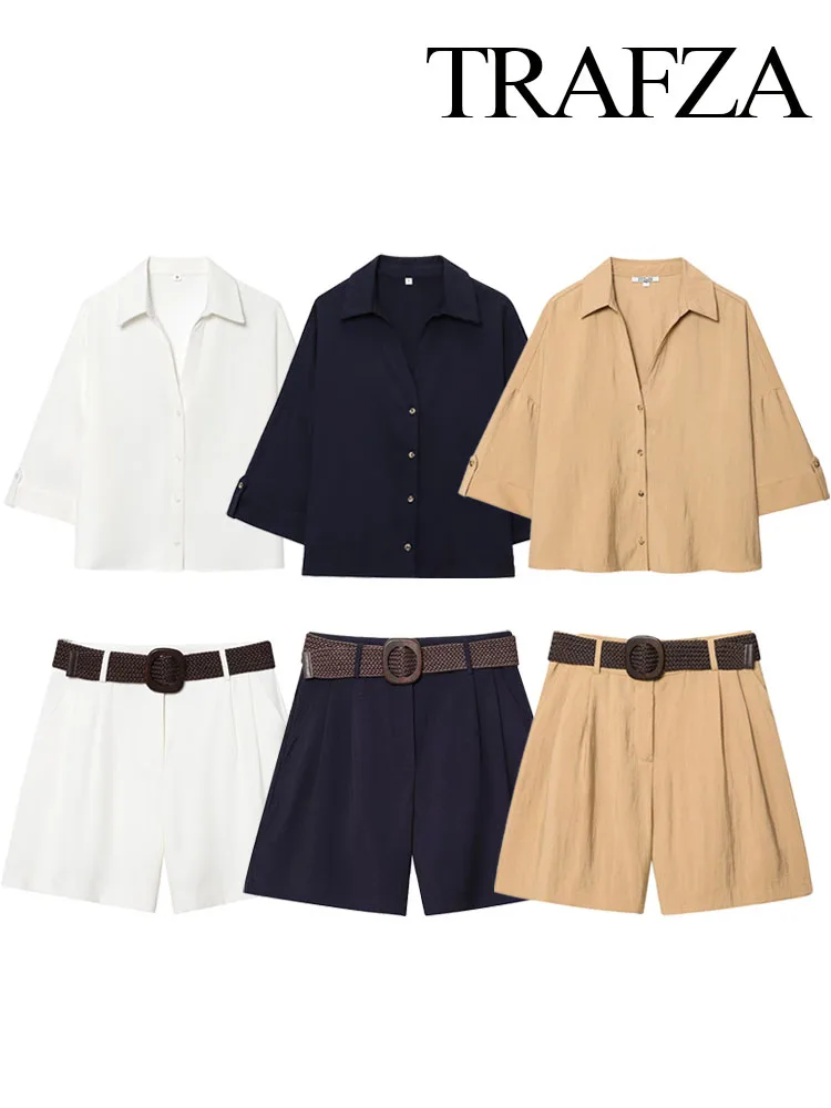 

TRAFZA Women Elegant Turn-Down Collar Single-Breasted Shirts Top+Chic Mid Waist Belt Decoration Zipper Casual Shorts 2-Piece Set