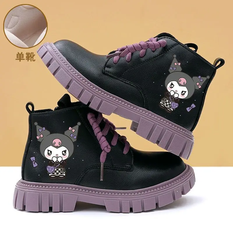 Sanrios Girl Cotton Boots Kuromi Child Autumn Winter Plus Velvet Cotton Boots Soft Bottom Kawaii Genuine Leather Single Boots