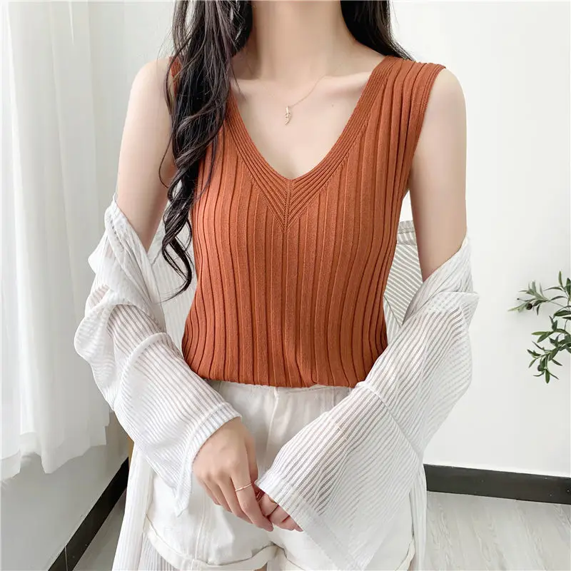 Basic Solid Color Knitted Tank Tops Summer Thin Sleeveless Women's Clothing Casual V-Neck Commute Sports Breathable Pullovers