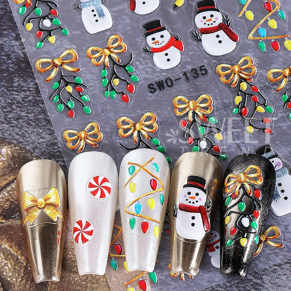 3pcs 양각 크리스마스 네일 스티커 귀여운 눈사람 눈송이 산타 클로스 활 네일 데칼 가을 겨울 네일 용품 장식
