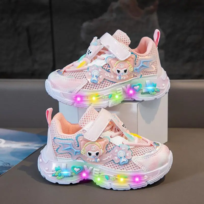 

Kuromi/женская сетчатая спортивная светящаяся обувь для бега для девочек, весенне-осенняя дышащая обувь принцессы с героями мультфильмов Sanrio Campus