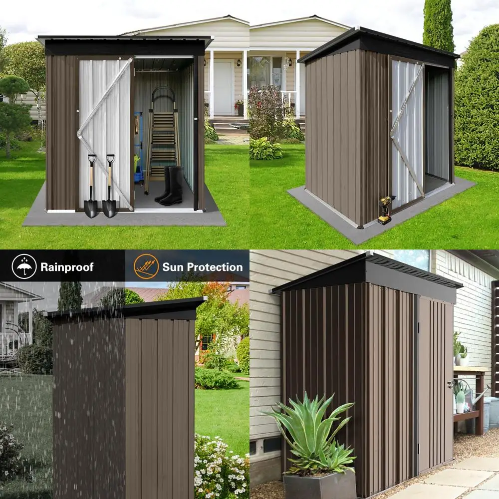 

Прочный металлический навес для хранения на открытом воздухе размером 5x4 футов с запирающейся дверью, наклонной крышей и вентилируемыми окнами для садовых инструментов и оборудования