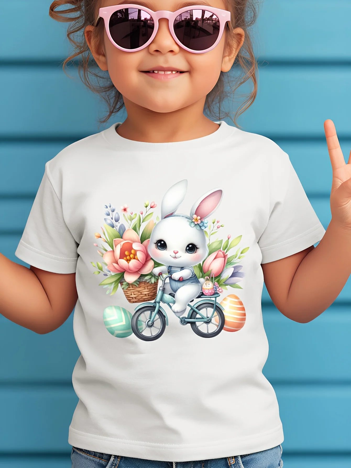 Easter Round Faced Bunny and Bicycle Printed Children's T-shirt Fashion Trend Versatile T-shirt Parent-child Outfit