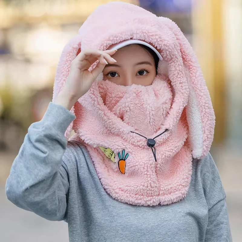 

Warm Winter Wool Ski Hat Scarf Combo Soft Comfortable Cartoon Bunny Ears Decorative Casual Ski Helmet Cover for Outdoor Sports