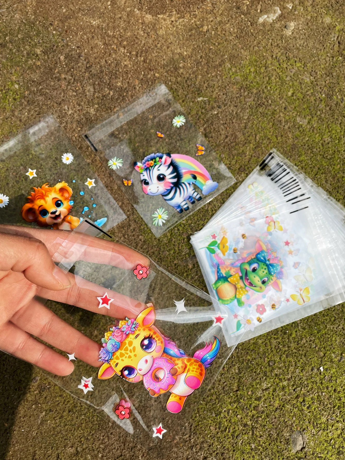 100 Uds. Bolsa autosellante Opp transparente empaquetada para regalo con diseño de Animal PEQUEÑO bonito, bromas de regalo de papelería impresas con cebra, jirafa y León