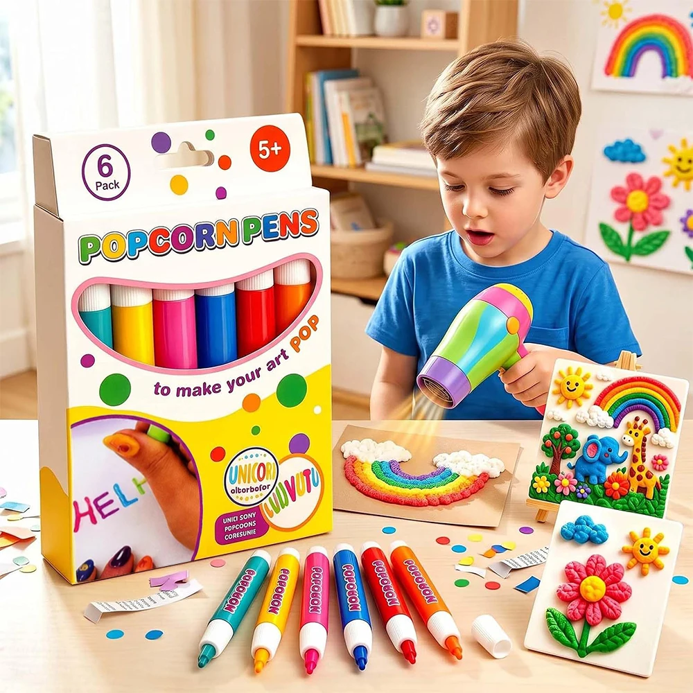1-6 Boxes Popcorn Pens 3D Bubble Art Drawing Pen DIY Puffy Pen Children Creative Drawing for Handmade Cards School Art Projects