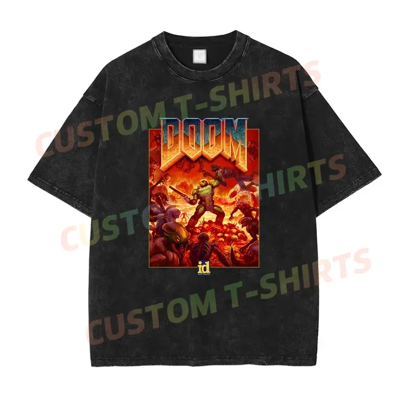 2024 Summer Vintage Cotton Washed Doom Video Game T-Shirt Loose T Shirts Men Y2K Hip Hop Top Tee