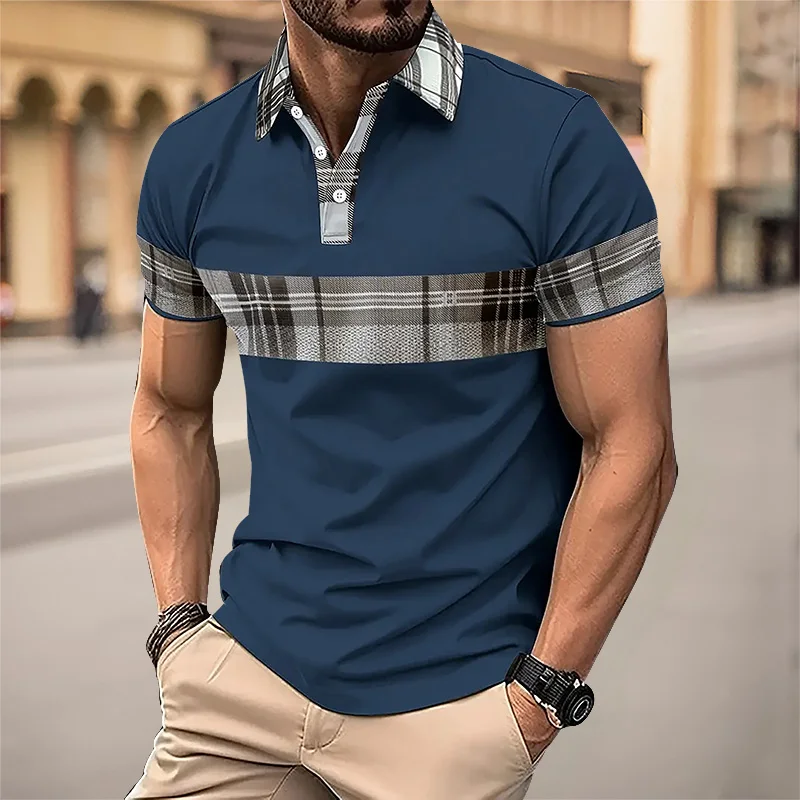 Men\'s POLO Shirt 3D Printed Plaid Pattern Button-down Shirt Summer Male Fashion Casual Business Style Oversized Golf Clothing